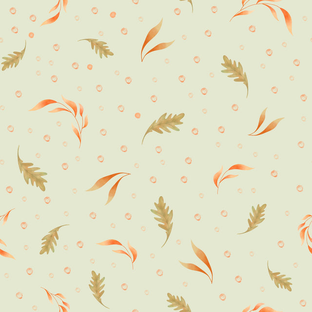 Playful tossed watercolour fall leaves in orange red and green with bubbles — sage green