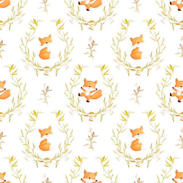Cute watercolor wreath foxes dancing for boy nursery orange red on white — white